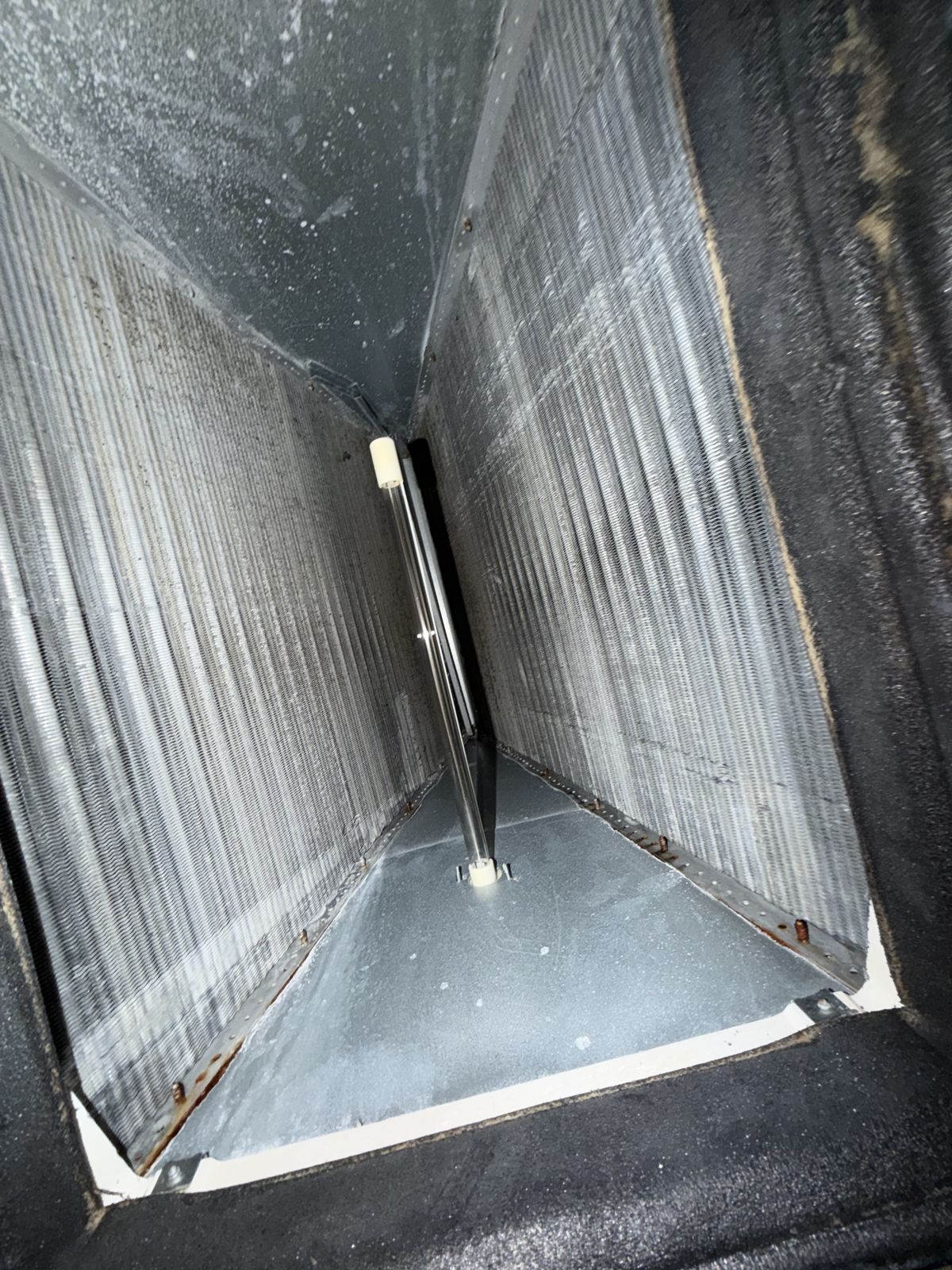 Inside an air handler cabinet showing the blower housing during maintenance in Valencia Isles, Boynton Beach