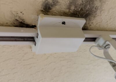 Dark spotting on a ceiling around a curtain-track bracket in a home in Mizner Falls, Boynton Beach