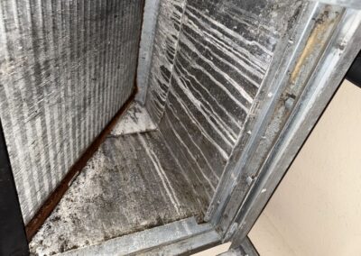 Clean evaporator coil face inside an air handler during an emergency AC call in Briella, Boynton Beach